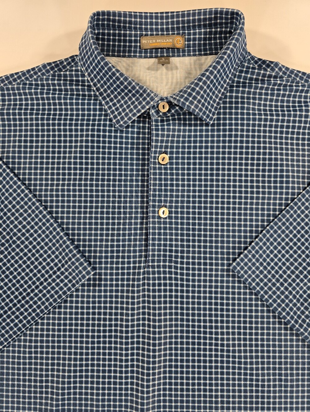 Peter Millar Summer Comfort Pique Knit Teal White Check Polo Golf Shirt Large